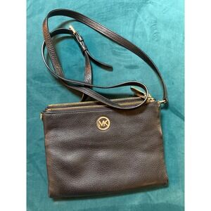 Michael Kors Black Leather Double Zip Crossbody Bag Gold MK Logo‎